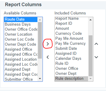 The Available Columns and Included Columns list with the button to include a column highlighted