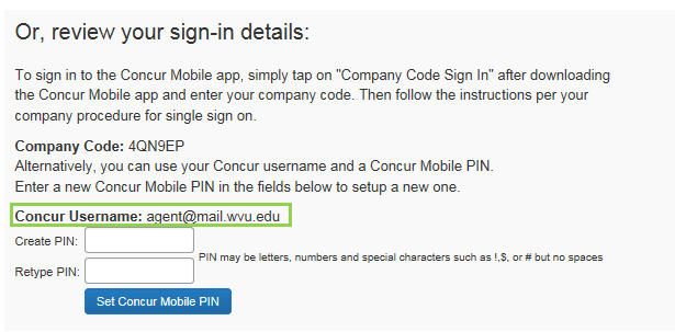 The review your sign-in details with the example Concur Username highlighted
