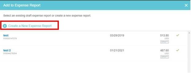 Example of Expense Report with Create a New Expense Report Highlighted