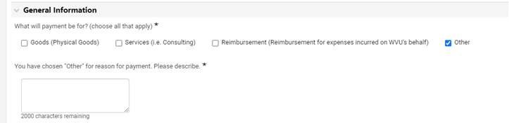 Print Screen of Supplier Request with 'Other' selected in Payment Reason