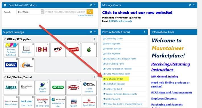 Print Screen of where the PO Change Order Form is located on Marketplace