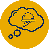Icon depicts a speech bubble with food being presented inside it