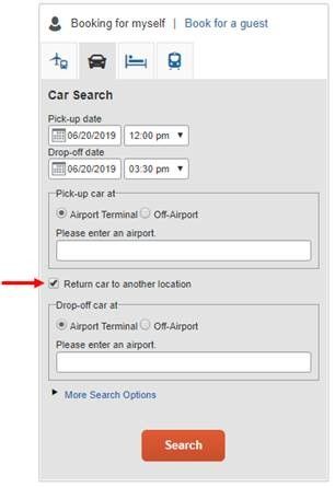 The booking screen with the 'Return car to another location' box highlighted