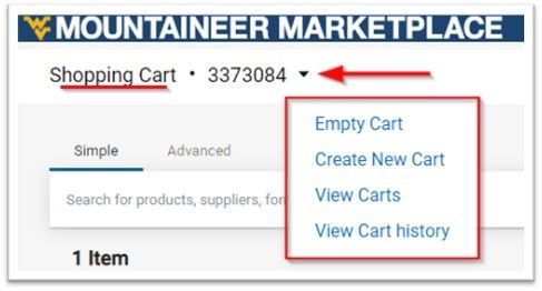 An example of the Marketplace Shopping Cart with the Action Items menu highlighted
