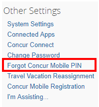 The Other Settings Menu with Forgot Concur Mobile PIN highlighted