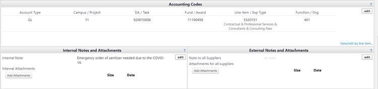 Examples of the Accounting Codes section in Mountaineer Marketplace