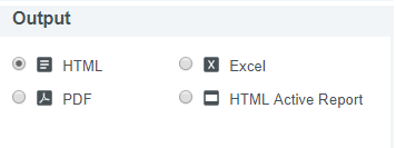 The output options including HTML Excel PDF and HTML Active Report