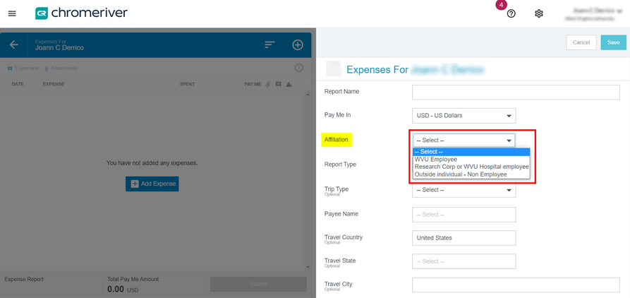 Printscreen of MyExpenses site with the Affiliation section highlighted