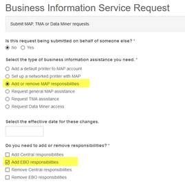 The Business Information Service Request menu with Add or Remove MAP Responsibilities highlighted